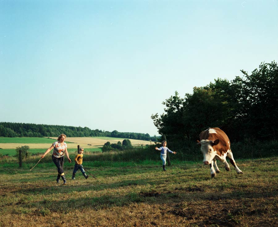 eine bäuerin und zwei kinder treiben eine kuh zum melken / a farmer's wife and two children punch a cow to be milked

Auftrag / Commission: STERN, Sommer in Deutschland / summer in germany (west) 1989