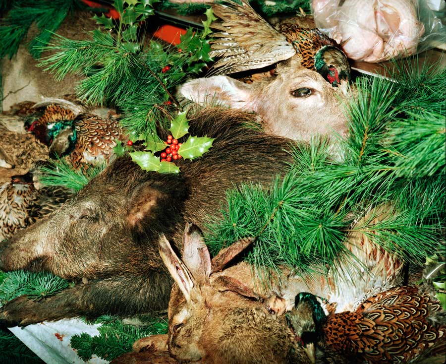 eine schlachtplatte mit reh, wildschwein, fasanen und hasen / a butcher's platter with deer, wild boar, pheasants and hares